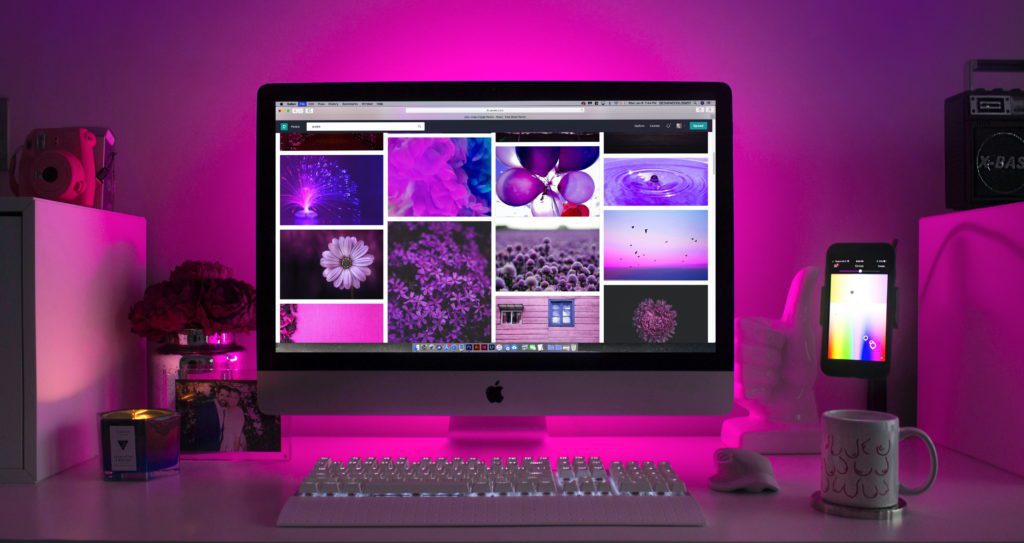 Purple lighting on a desktop computer