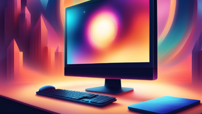 AI generated image of a computer on a desk with an abstract, surreal and colourful background representing space