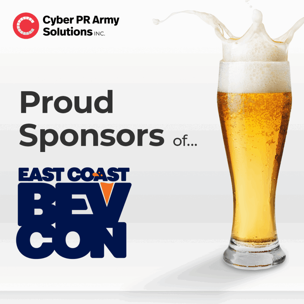 "Proud sponsors of East Coast Bev Con", pint glass with foamy splash and CPRA logo