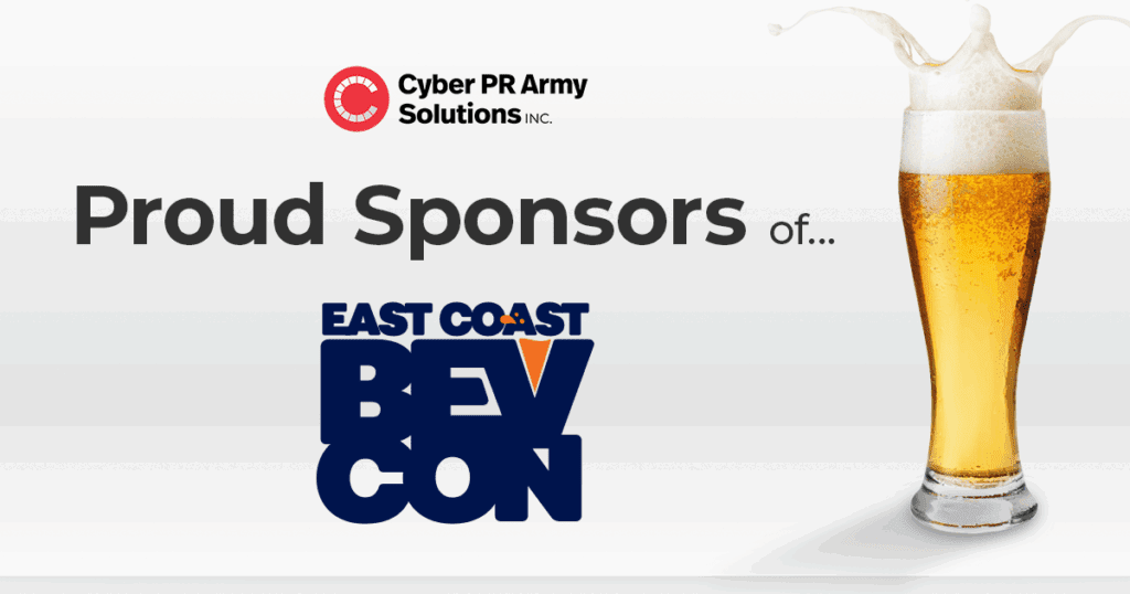"Proud sponsors of East Coast Bev Con", pint glass with foamy splash and CPRA logo