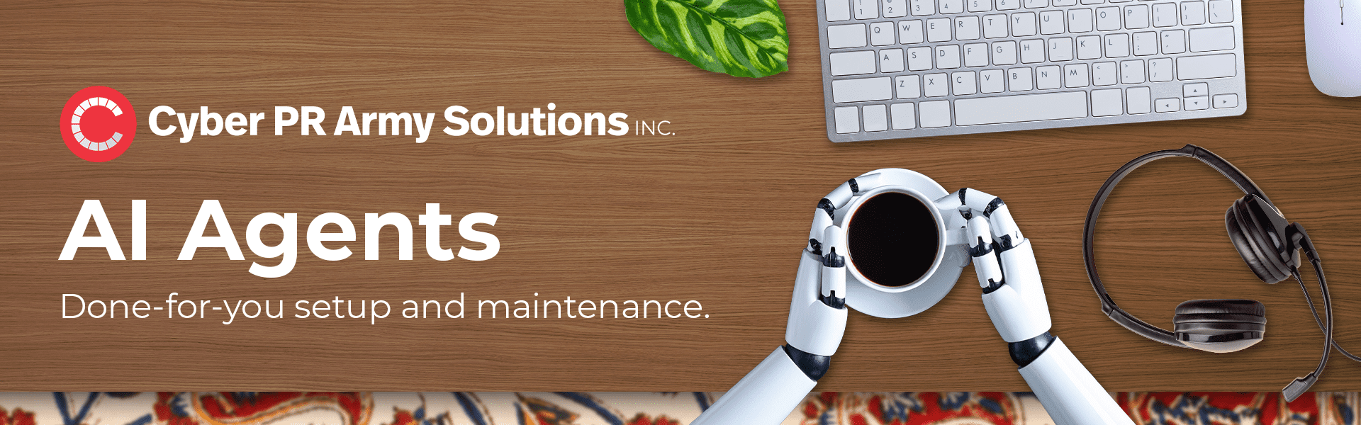 AI Agents header with robot hands holding a cup of coffee with a computer on a desk