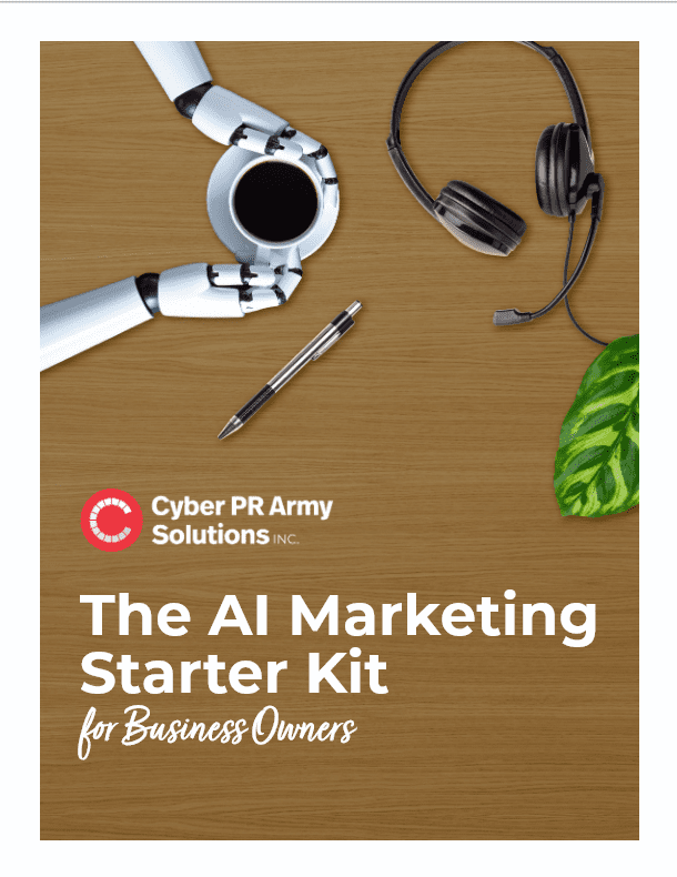 The AI Marketing Starter Kit for Business Owners cover with robot hands round a coffee cup on a desk