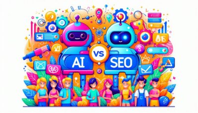 Colourful abstract people and charts with robot avatars saying “AI vs SEO”