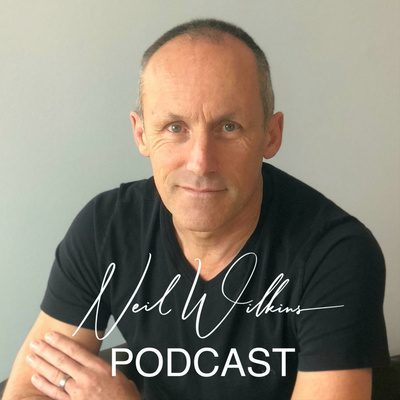 "Neil Wilkins Podcast" with headshot of Neil in black tshirt
