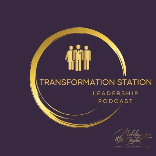 Transformation Station logo of gold swirl and people on a indigo background