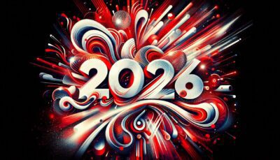 Vibrant red, black and white artistic design with “2026”