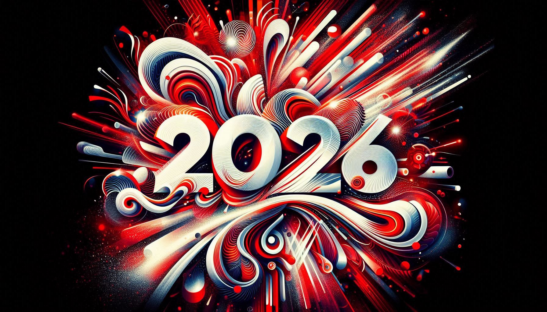 Vibrant red, black and white artistic design with “2026”