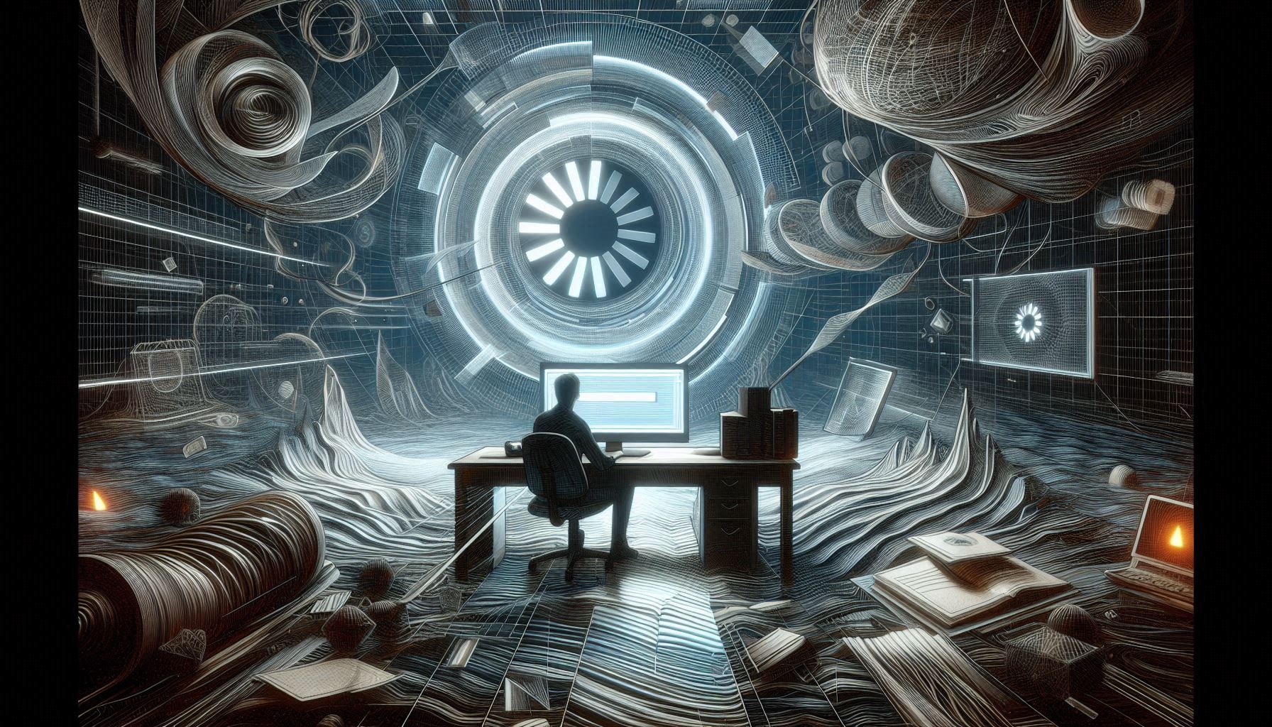 An abstract depiction of digital frustration: a person sitting at a desk on a Monday morning, staring at a spinning loading icon on a computer screen. The scene is filled with subtle chaos—floating tangled wires, cascading error messages, and ripples spreading outward from the screen symbolizing inefficiency. Contrast this with a calm, organized foundation below the desk represented by clean, glowing geometric structures (like grids or architectural elements) that convey stability, clarity, and support. The color palette should transition from muted, chaotic tones (grays and dull blues) at the top to calm, structured colors (soft whites, greens, and blues) at the bottom.